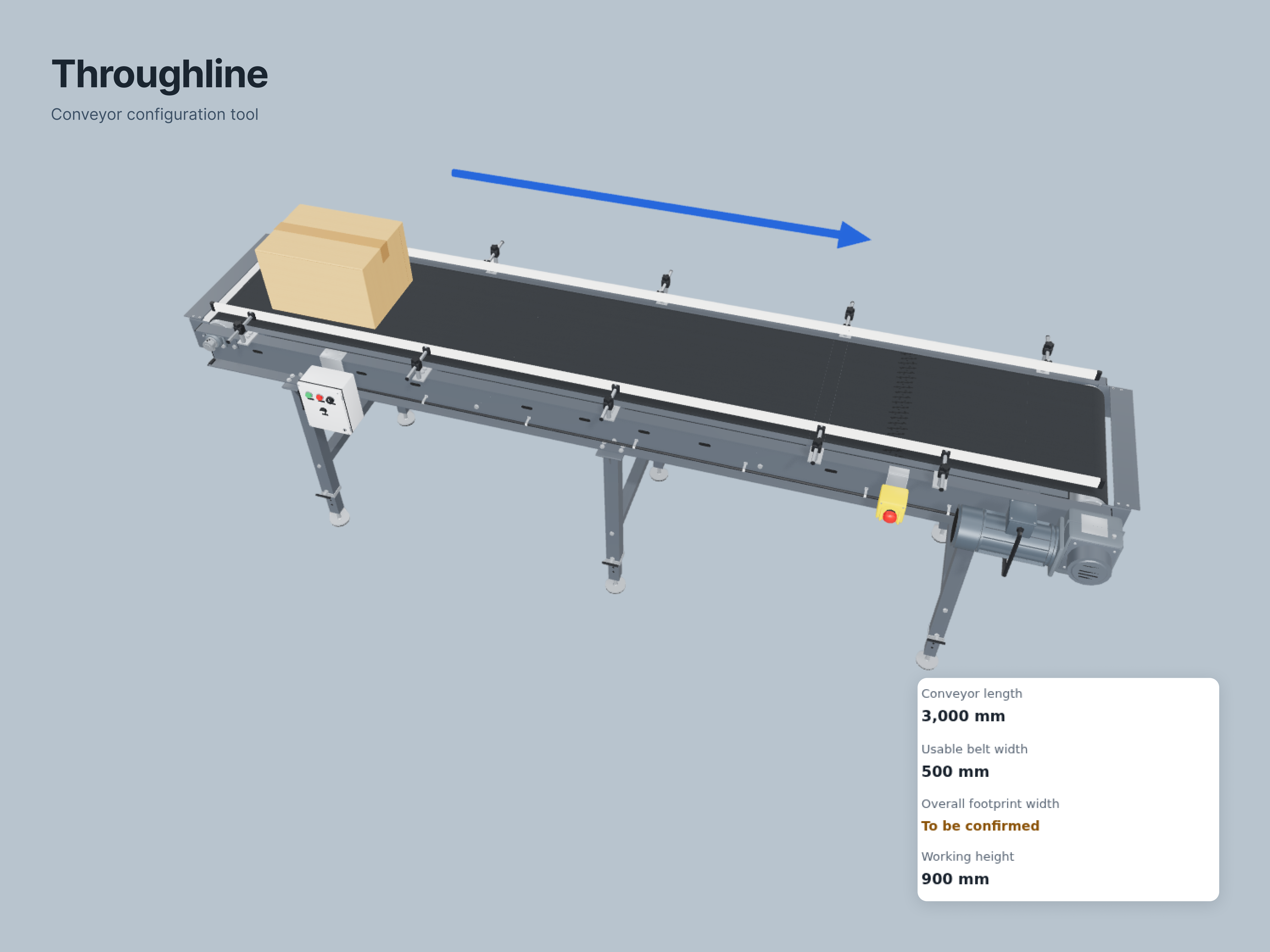 Throughline conveyor enquiry at the review step, showing dimensioned side and top drawings of a 3,000 mm belt conveyor beside a labelled 3D preview with 500 mm usable belt, 900 mm working height and an indicative 12 m/min belt speed